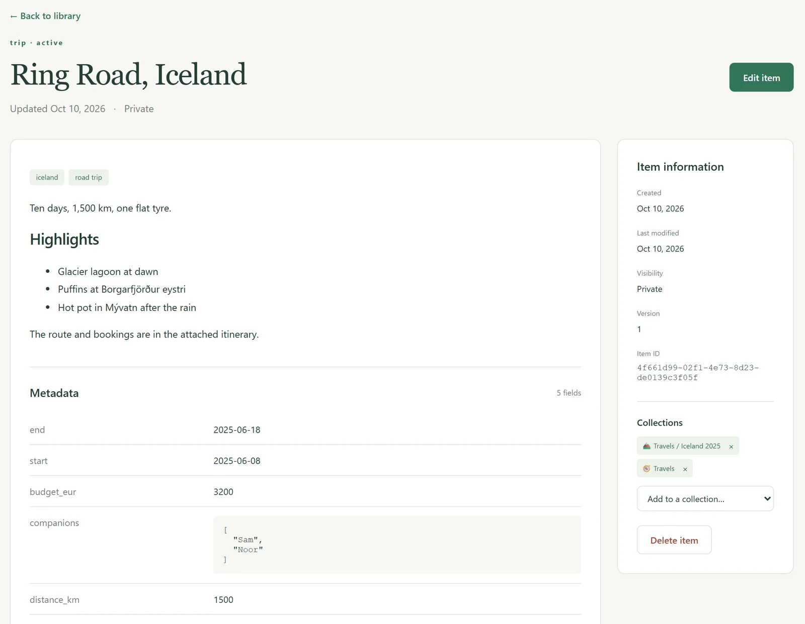 An item page for a road trip to Iceland: tags, a Markdown description with highlights, and metadata fields for start and end dates, budget, companions and distance.
