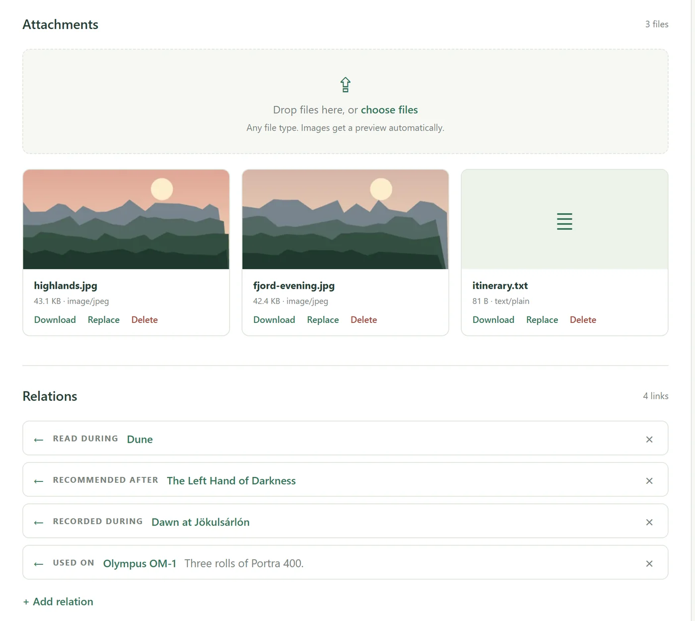 The attachments and relations of the Iceland trip: two landscape photos and an itinerary, linked to the book read during it, a recommended book, a field recording made during it, and the film camera used on it.