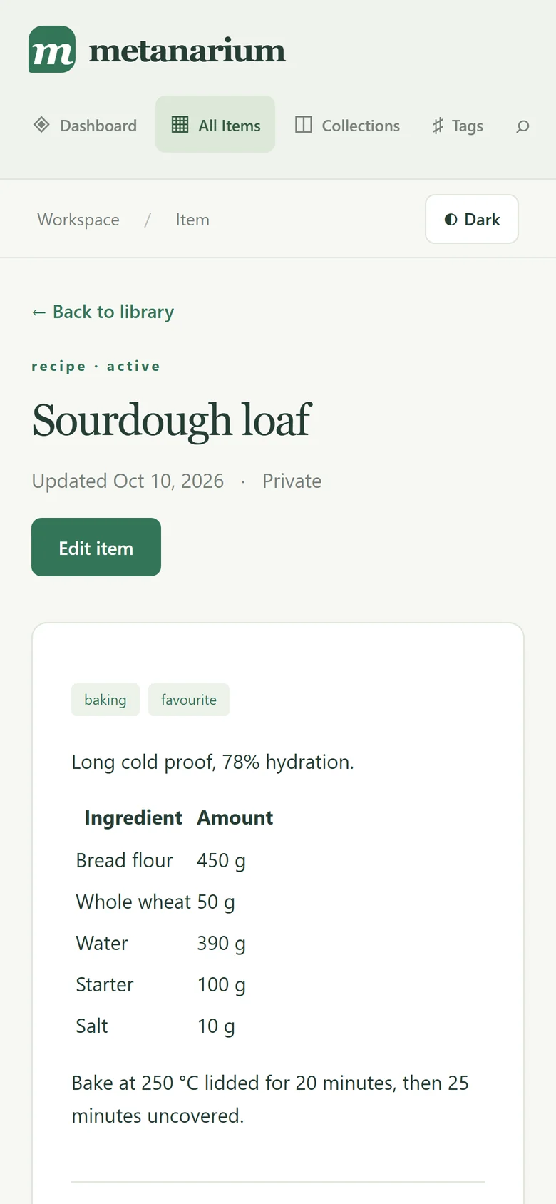 A sourdough recipe open on a phone, with tags and an ingredient table.